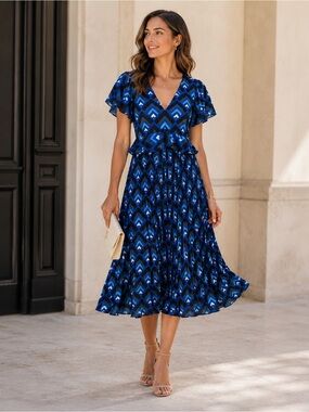 Club Monaco Blue Geometric Pleated Midi Dress Flutter Sleeve Peplum Size 4